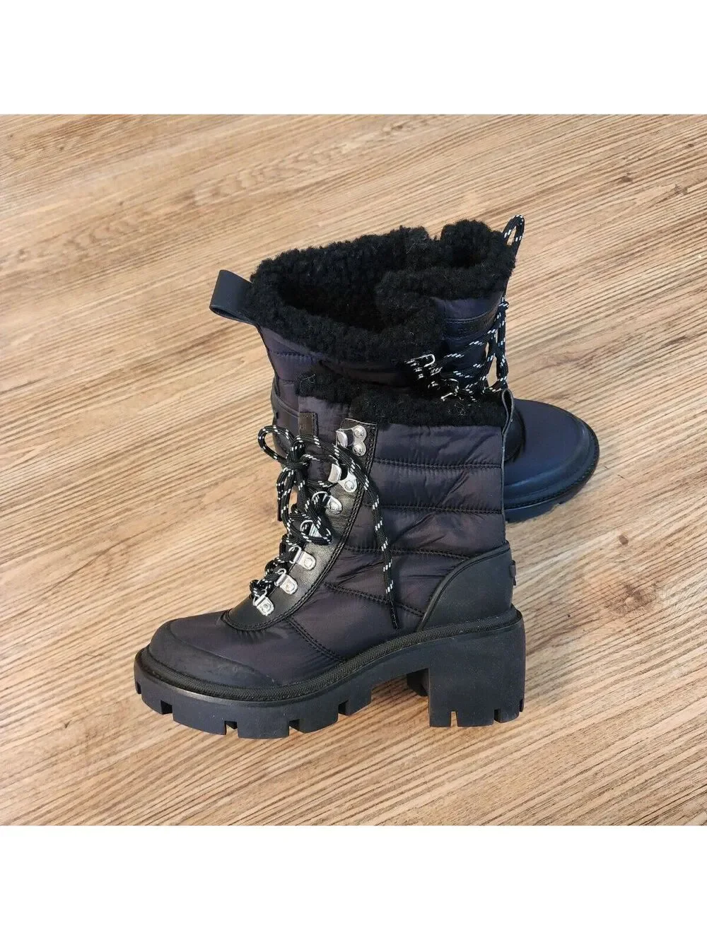 Size 5. Tory Burch Black Quilted Lace-Up Winter Boots with Shearling Lining,